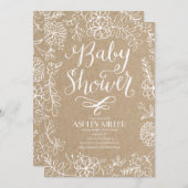 手描きの植物が飾られた素朴なクラフト紙 | ベビーシャワー 招待状 (正面/裏面)