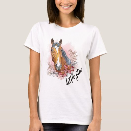 手描きの植物や花に囲まれた馬 Tシャツ (正面)
