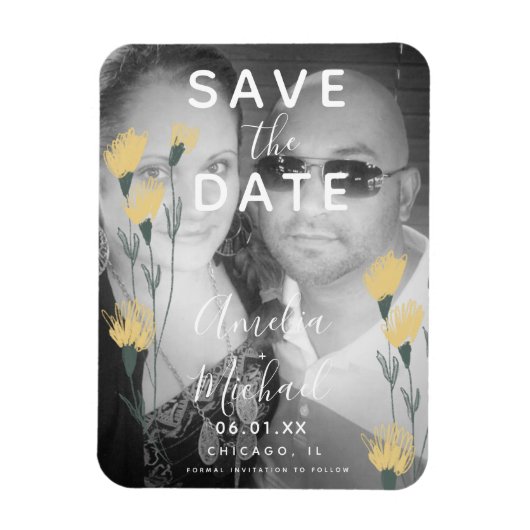 手描きの植物学的なワイルドフラワーのSave the Date マグネット (縦)