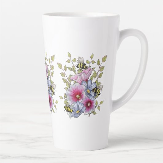 手描きの植物画 花とミツバチ カフェラテマグ (右)