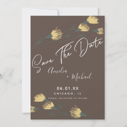 手描きの植物風のワイルドフラワー Save the Date (正面)