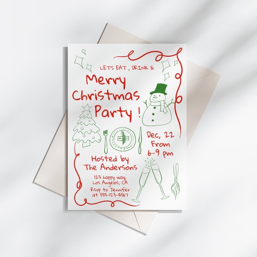 手描きの楽しいクリスマスパーティーの招待状 招待状