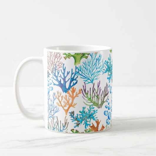 手描きの水彩海紋とサンゴ。ウント コーヒーマグカップ (左)