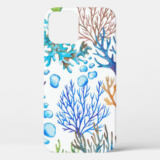 手描きの水彩海紋とサンゴ。ウント iPhone 12ケース