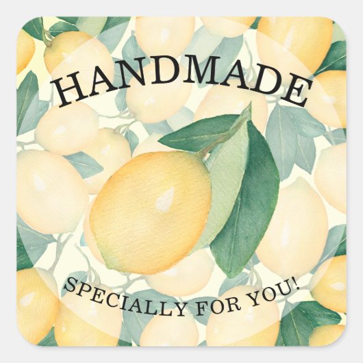 手描きの水彩画のレモン 手作り スクエアシール (正面)