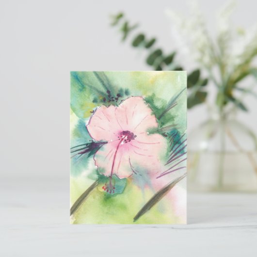 手描きの水彩画 ベリーズのハイビスカスの花 ポストカード (スタンド正面)