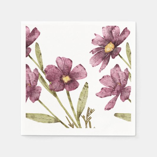 手描きの水彩画 紫の花と葉 スタンダードカクテルナプキン (正面)