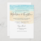 手描きの水彩画 青いビーチ ウェディング 招待状 (正面/裏面)