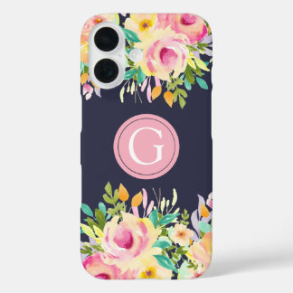手描きの水彩花のモノグラム iPhone 16 ケース