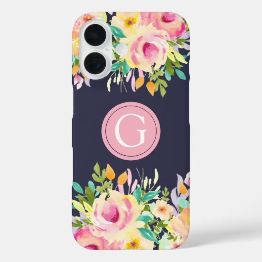 手描きの水彩花のモノグラム iPhone 16 ケース Case-Mate iPhoneケース (裏面)