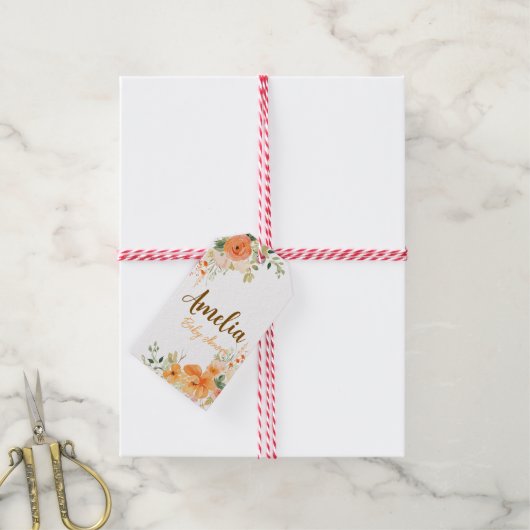 手描きの水彩花イラストのベビーシャワーギフト  ギフトタグ (より糸付き)