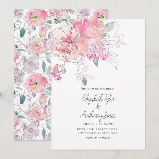 手描きの水彩花イラスト ウェディング 招待状 (正面/裏面)