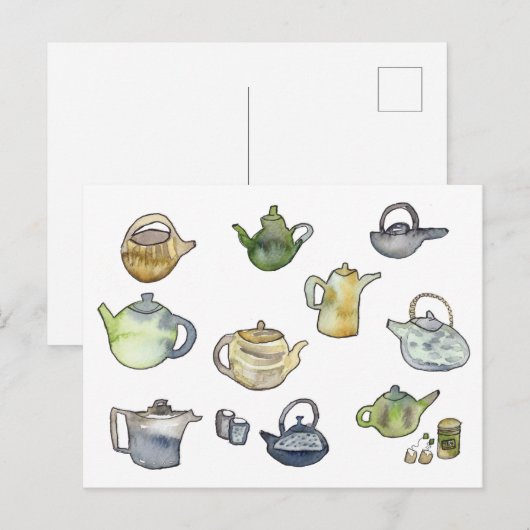 手描きの水彩茶器アート ポストカード (正面/裏面)