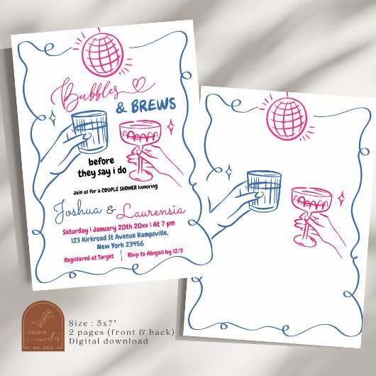 手描きの泡とブライトカップルのシャワー 招待状