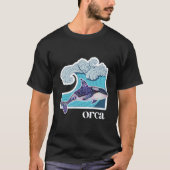 手描きの海の波とシャチ Tシャツ (正面)