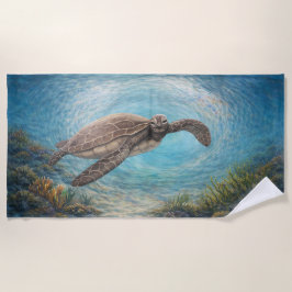 手描きの海の渦の中のウミガメ ビーチタオル