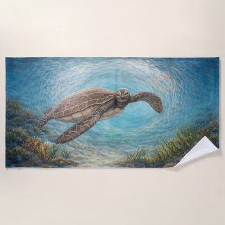 手描きの海の渦の中のウミガメ ビーチタオル