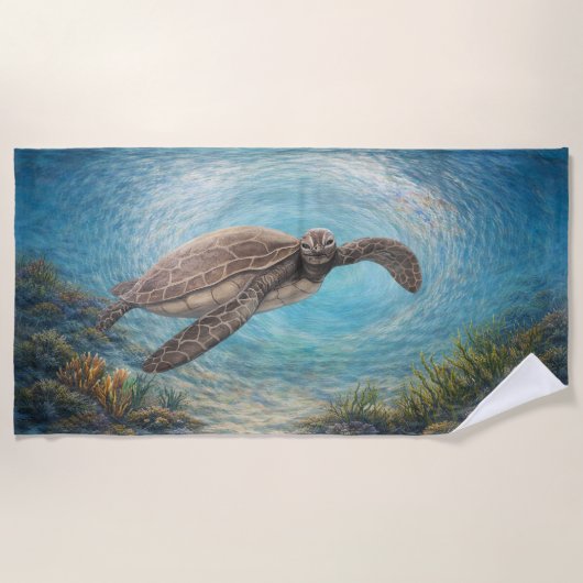 手描きの海の渦の中のウミガメ ビーチタオル (正面)