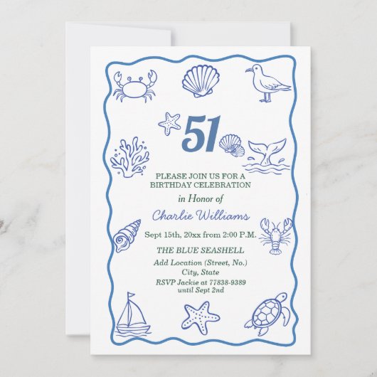 手描きの海の生物の遊び心のある51歳の誕生日パーティー 招待状 (正面)