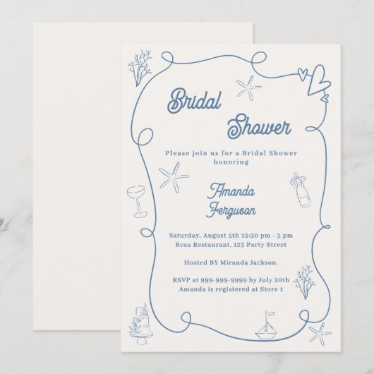 手描きの海岸のダスティーブルーとアイボリーのウェディングシャワーの招待状 招待状 (正面/裏面)