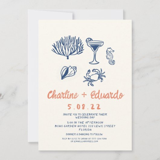 手描きの海岸 レトロな結婚式の招待状 招待状 (正面)