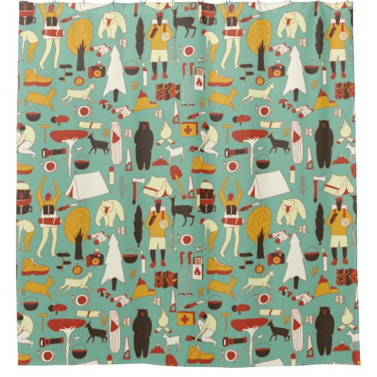 手描きの漫画のシームレスなキャンピングパターン。ピチニ シャワーカーテン (正面)