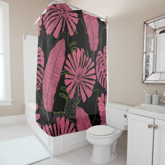 手描きの熱帯葉。異国風の植物。熱帯 シャワーカーテン (インサイチュ)