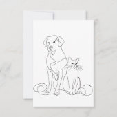 手描きの犬と猫のラインアートイラスト 招待状 (正面)