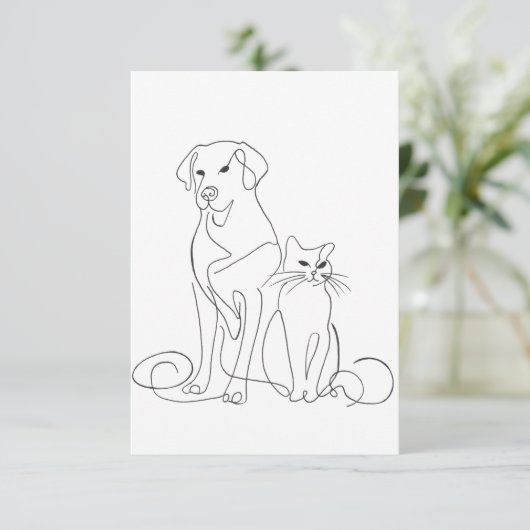 手描きの犬と猫のラインアートイラスト 招待状 (スタンド正面)