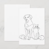 手描きの犬と猫のラインアートイラスト 招待状 (正面/裏面)