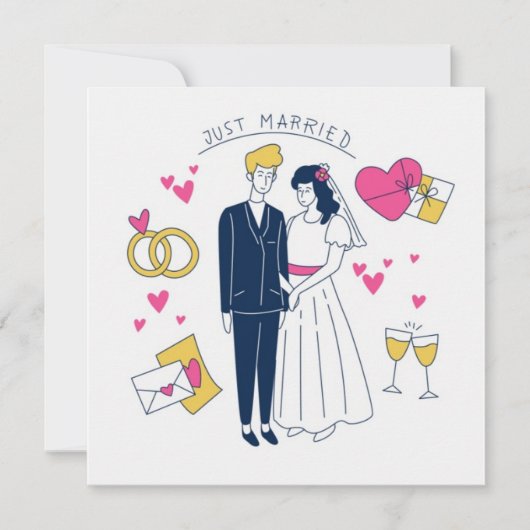 手描きの独創的な「新婚おめでとう」カップル落書き 招待状 (正面)