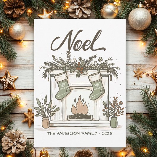 手描きの田舎風暖炉のクリスマス Noel シーズンカード