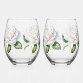 手描きの白いバラ ステムなしワイングラス (左)