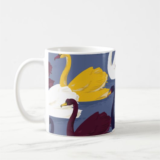 手描きの白鳥、青い湖のパターン。 コーヒーマグカップ (左)