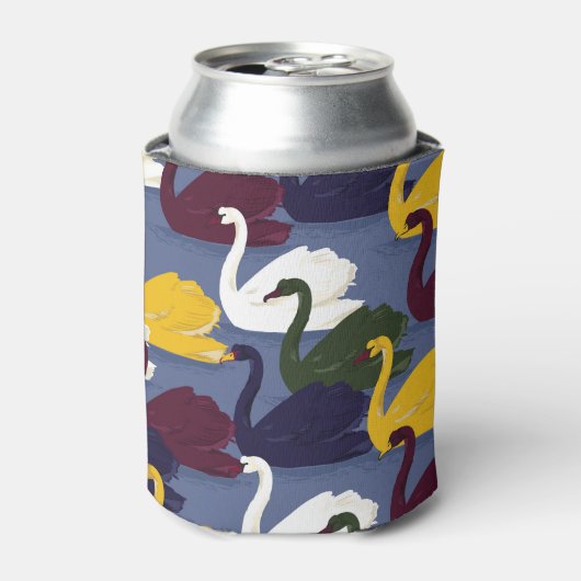 手描きの白鳥、青い湖のパターン。 缶クーラー (缶正面)