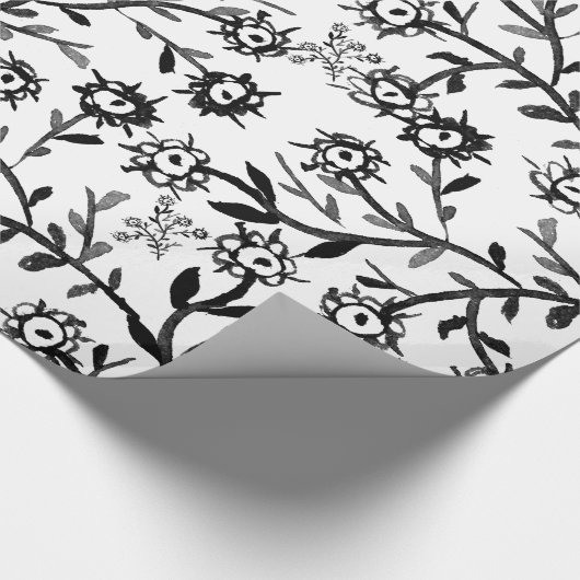 手描きの白黒の水彩画の花 ラッピングペーパー (角)