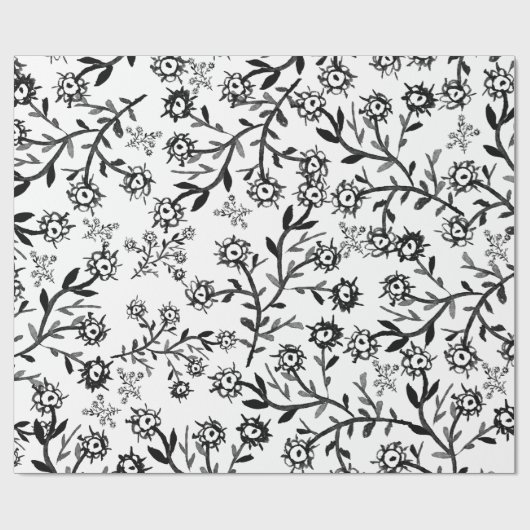 手描きの白黒の水彩画の花 ラッピングペーパー (フラット)