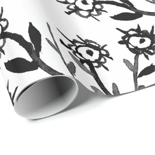手描きの白黒の水彩画の花 ラッピングペーパー (ロールコーナー)