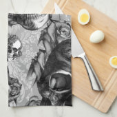 手描きの白黒バラのスカルパターン。 キッチンタオル (四つ折り)