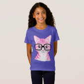 手描きの真面目な猫の女の子の紫色のフットボールティー Tシャツ (正面フル)