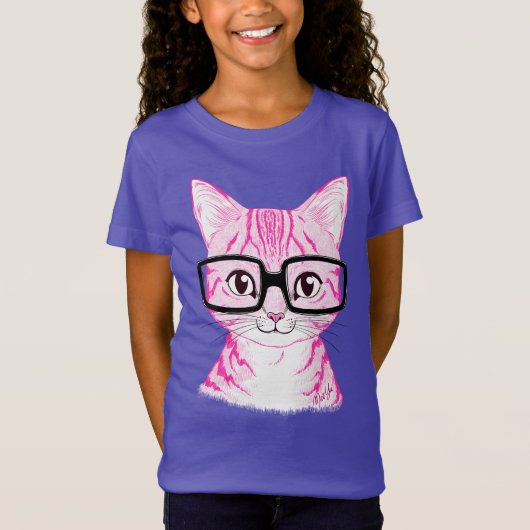 手描きの真面目な猫の女の子の紫色のフットボールティー Tシャツ (正面)