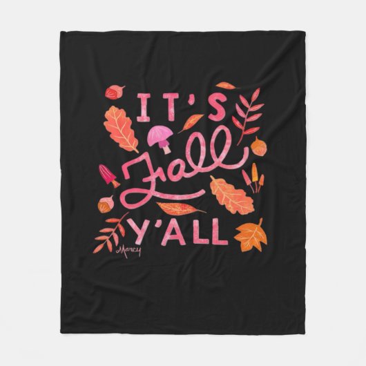 手描きの秋の引用デザイン「It's Fall Y'all」 フリースブランケット (正面)