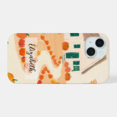 手描きの秋の落ち葉の家のかぼちゃの並ぶ道 iPhone 15ケース (裏面横)