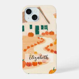 手描きの秋の落ち葉の家のかぼちゃの並ぶ道 iPhone 15ケース