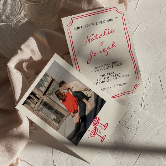 手描きの素朴でレトロな写真のウェディング 招待状