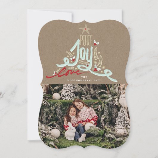 手描きの素朴なデザインの平和、喜び、愛のタイポグラフィーの写真 シーズンカード (正面)