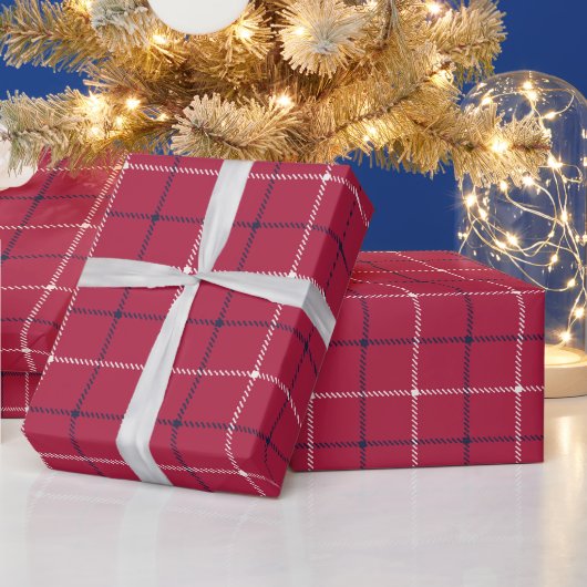 手描きの素朴な農家の赤とネイビーと白のチェック柄 ラッピングペーパー (クリスマス)