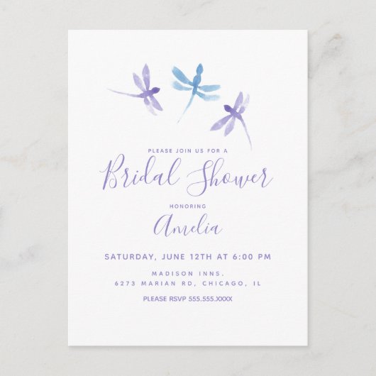 手描きの紫と青のトンボのデザインが特徴の結婚前お披露目パーティー ポストカード (正面)