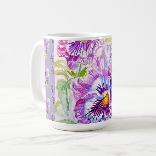 手描きの紫のパンスィー 花のラテマグ コーヒーマグカップ (正面左)