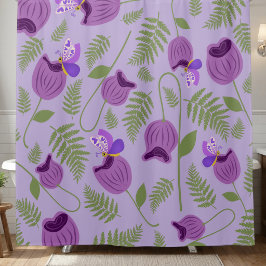 手描きの紫の花とシダと蝶々 シャワーカーテン